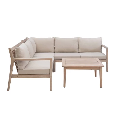 Linon 4pc Melita Acacia Sectional & Coffee Table Beige - Image 2